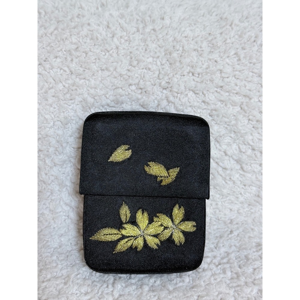 Vintage Black Satin Embroidered Cigarette Case Gold Floral Pouch Accessory